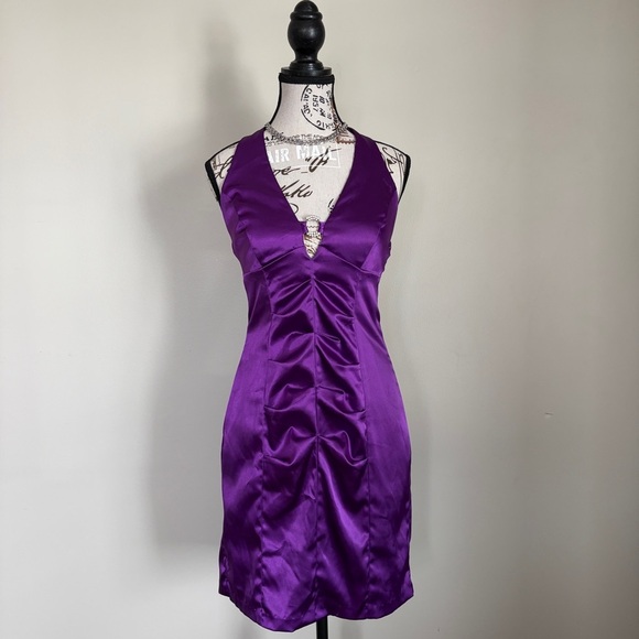 B. Smart Dresses & Skirts - Vintage 90s Purple Ruched Halter Mini Dress Rhinestone Glam Prom Party